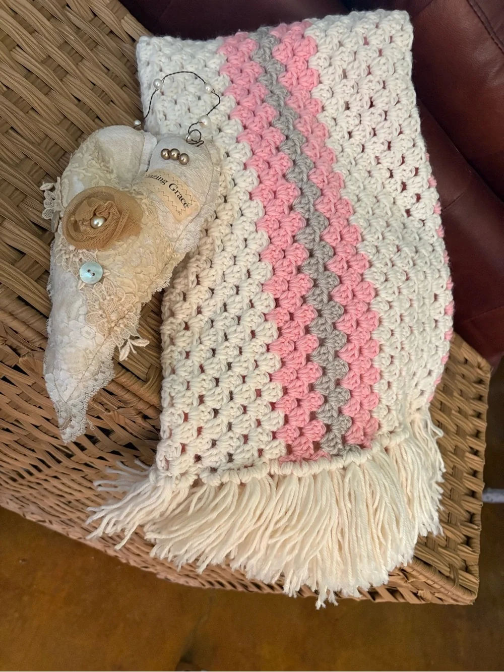 Handmade Cream and Pink Crochet Fringe Throw Blanket by